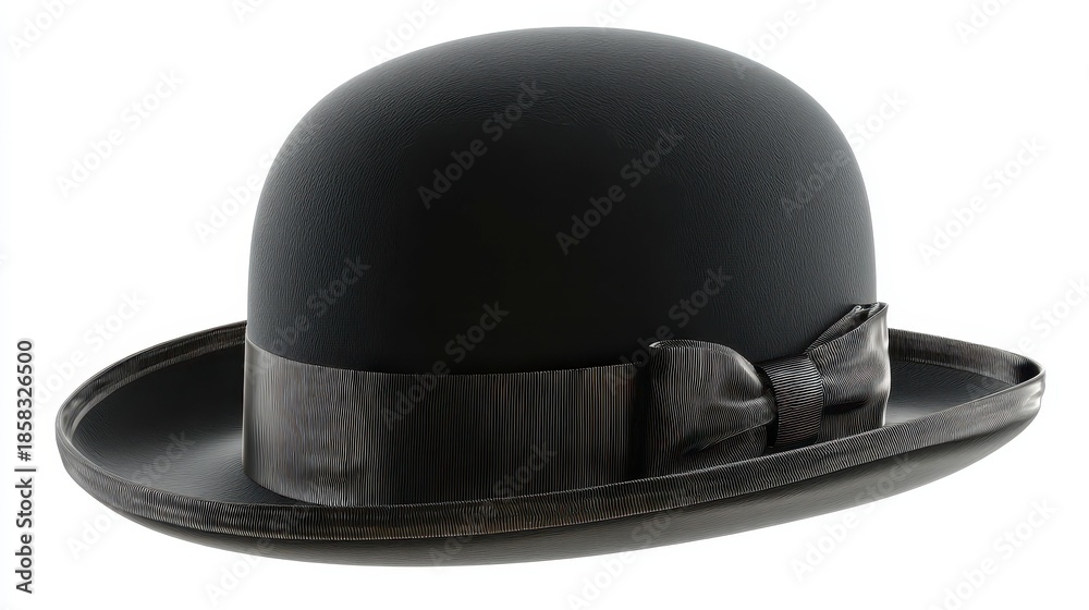 Fototapeta premium A classic black rounded hat with a dark band and bow, isolated on a white backdrop, perfect for design usage