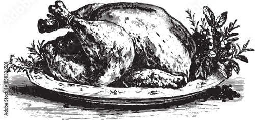 Roasted chicken on a platter. Black and white ink drawing vector illustration showcasing traditional cooking and serving style.