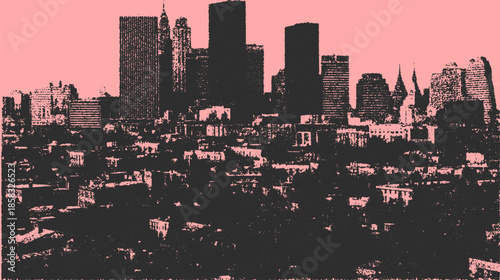 City skyline silhouette featuring modern skyscrapers. Simple graphic vector illustration in black and pink colors, showcasing urban architecture in a flat design set.