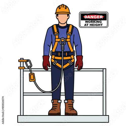 Worker in orange hard hat, blue uniform, red gloves, brown boots, wearing a yellow full-body safety harness with a lanyard connected to a metal railing.