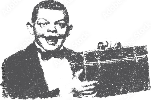 Man in a suit and bowtie holding a briefcase. Classic black and white vector illustration.