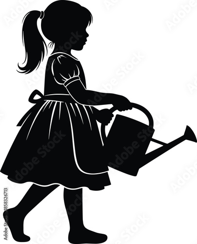 Silhouette, child watering plants, ponytail girl with can, black vector, outdoor activity, nurturing moment, childhood innocence, growth, nature care, playtime