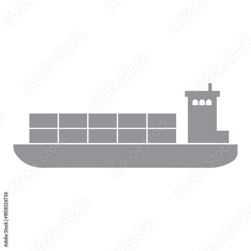 freight transport boat, cargo ship vector icon, shipping industry symbol, sea transportation vehicle, container ship illustration, silhouette isolated on white background