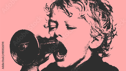 A boy shouting into a microphone. Vintage graphic art illustration in black and white on a pink background. This vector image captures expressive elements.