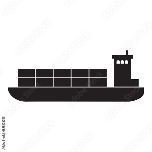 freight transport boat, cargo ship vector icon, shipping industry symbol, sea transportation vehicle, container ship illustration, silhouette isolated on white background