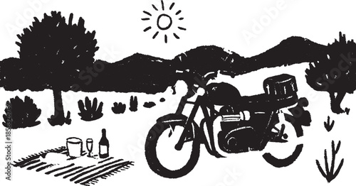 Motorcycle parked near a picnic set in a scenic outdoor landscape. Simple black and white vector illustration.
