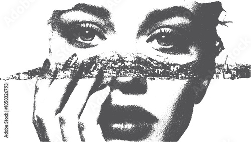 Woman's face with a city landscape merging into her eyes. Black and white abstract vector illustration with unique detail and texture.