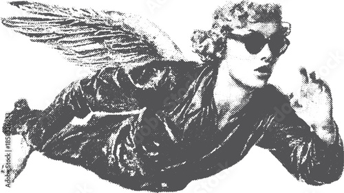 Vintage angel with wings flying. Black and white vector illustration showcasing a stylish and elegant design.