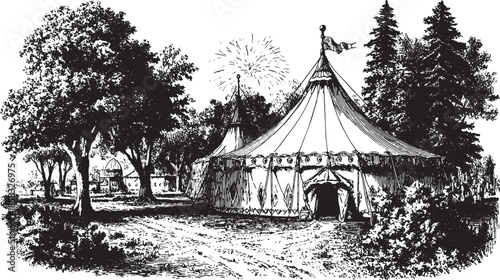 Detailed black and white engraving of a circus tent set in outdoor scenery. This vintage vector illustration features trees and fireworks, creating an atmospheric depiction.