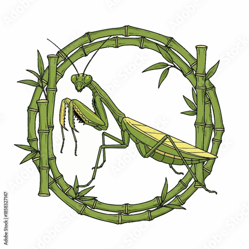 Green praying mantis in bamboo circle, detailed illustration.