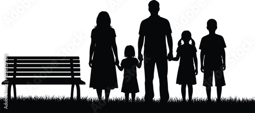 Silhouette, family of five, park bench scene, parents and children bonding, black vector, outdoor leisure, unity, nature moment, peaceful day