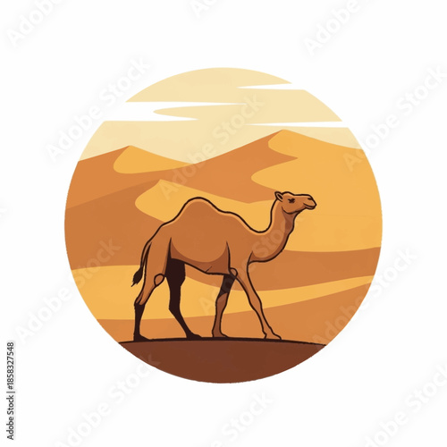Majestic camel walking gracefully in the desert landscape.