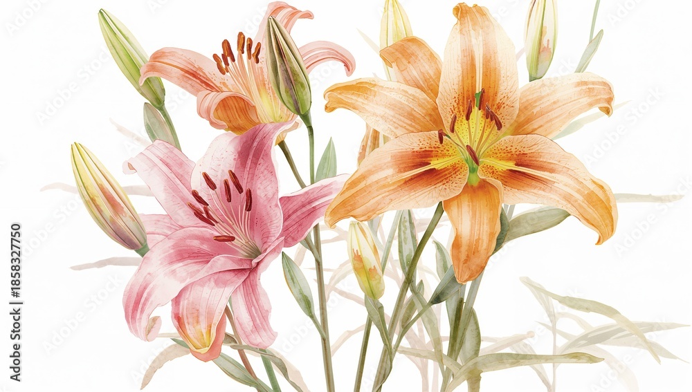 Fototapeta premium Delicate lily blossoms with soft colors symbolizing elegance springtime and botanical art