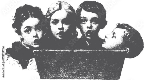 Vintage black and white photograph of a group of children with surprised expressions. This classic image is a vector illustration capturing nostalgic emotions in a set.