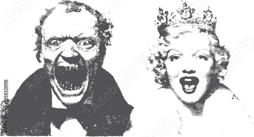 Facial expressions depicting horror and fear. Gothic black and white vintage illustration features a male and female character set in eerie style. Vector illustration.
