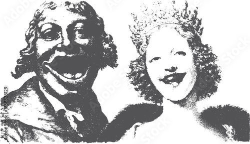 Vintage portrait of a smiling couple, illustrated in a classic black and white style. This vector illustration features detailed expressions and elegant clothing.