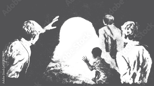 Figures observing a mysterious light. A dramatic illustration in black and white capturing exploration and emotion in a captivating vector set.