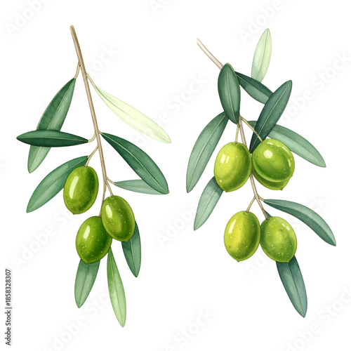 Wallpaper Mural Watercolor illustration depicts two olive branches with green olives and leaves, on a black background Torontodigital.ca