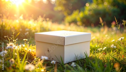 A square box sits in bright grass speckled with small white flowers. Warm sunlight filters through the background trees