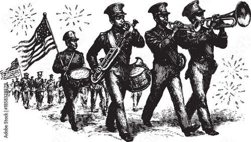 Hand-drawn parade illustration featuring a marching band with drums and flags. Vintage black and white vector illustration showcasing musicians in uniform.