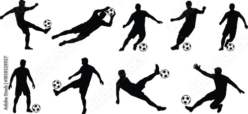 Soccer player silhouette vector, dynamic football poses, kicking, dribbling, diving action, black and white contrast, sports movement, athletic training, ball control