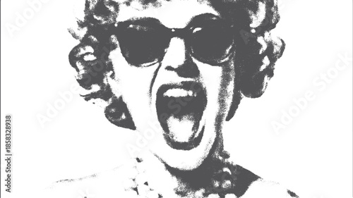 Woman screaming in bold black and white. Vector illustration showcasing a powerful expression with sunglasses in a modern style.