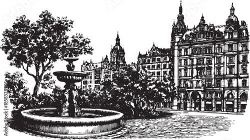 Line art illustration of an old European town square featuring an ornate fountain and traditional buildings. Detailed vector illustration of its historical landscape.