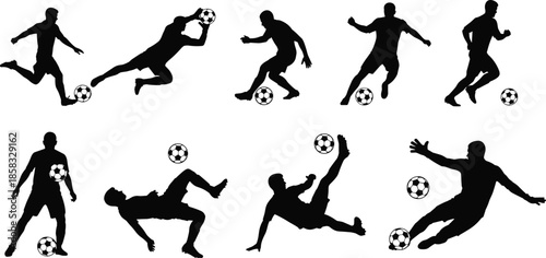 Soccer player silhouettes set, football athletes kicking and diving for ball vector illustration, goalkeeper and striker icons for sports competition and team 