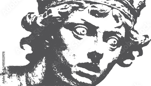Monochrome statue head illustration with fine detail. Classic sculpture, showcasing expression in vector format.