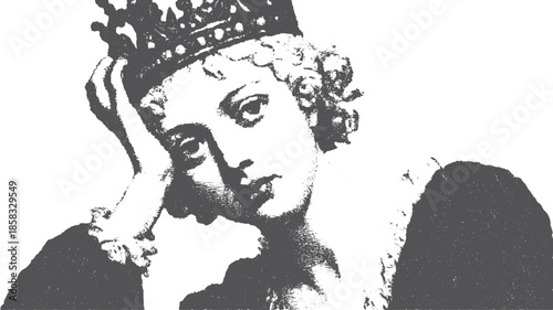 Pensive queen portrait in black and white. Elegant vintage illustration featuring royal details and sophisticated expression. Artistic vector set.