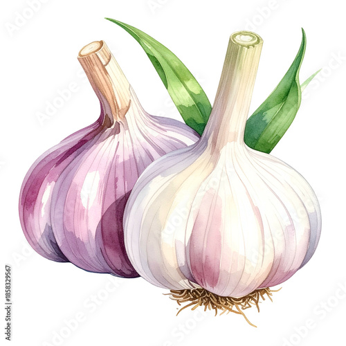 Watercolor illustration of two garlic bulbs with green leaves, against a black background
