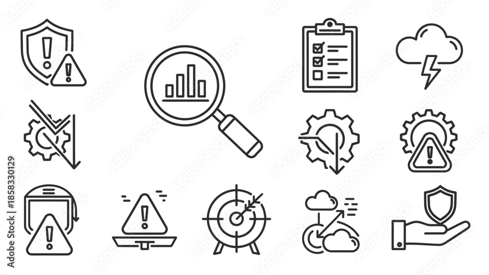 Fototapeta premium Collection of business and technology icons representing risk and security.
