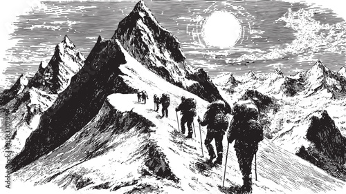 Silhouetted hikers climbing a snowy mountain ridge. Vector illustration depicting an outdoor adventure in nature.