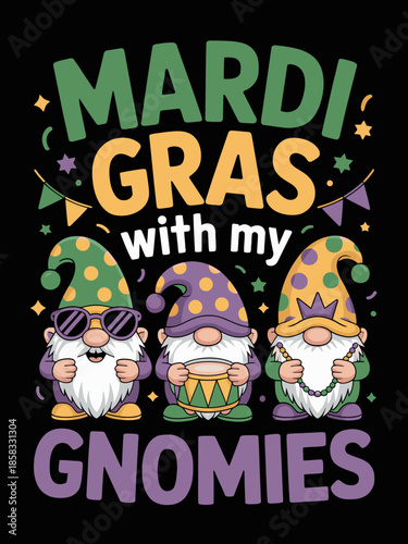Three cheerful gnomes stand together, each wearing colorful hats and accessories, celebrating Mardi Gras.
