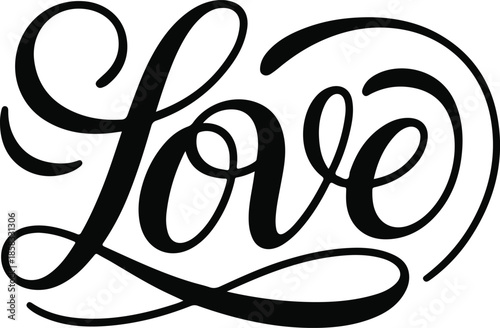 Elegant calligraphy design featuring the word love in a swirling decorative black script