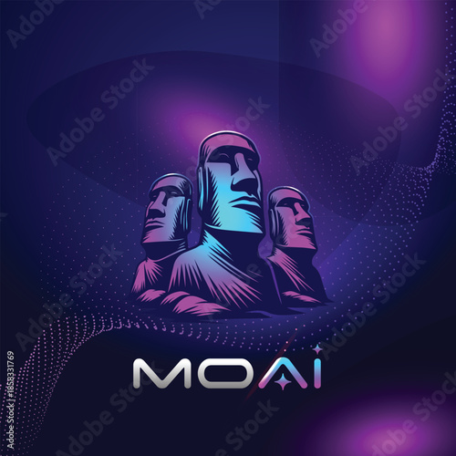 Futuristic Moai AI Logo Design with Neon Gradient Technology Style