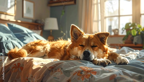 A sunlit scene features a relaxed, sleeping dog on a floral-patterned bed, bathed in warm light. A window and plants hint at an indoor setting