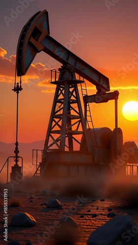 Industrial oil pump jack silhouette operating in a desert landscape against a golden sunset, symbolizing global petroleum energy production.