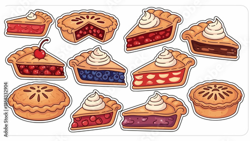 A collection of cartoon pies and pie slices with various fruit fillings and whipped cream toppings.
