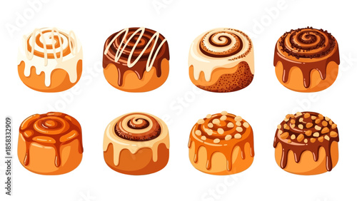 An assortment of eight delicious cinnamon rolls with various sweet toppings and glazes, including classic icing, chocolate, and caramel.