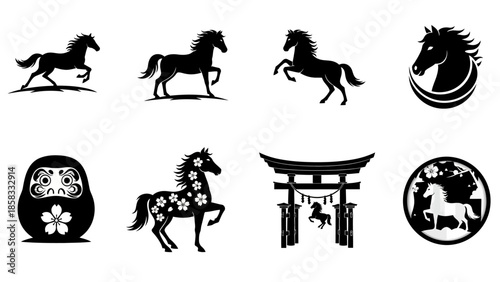 A collection of black silhouette illustrations featuring various horse poses and Japanese cultural symbols like Daruma dolls and Torii gates, with cherry blossom motifs.
