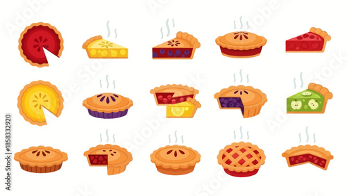 A vibrant collection of freshly baked pies and pie slices, showcasing various fruit fillings and crust designs, with steam rising from some, indicating warmth and deliciousness.