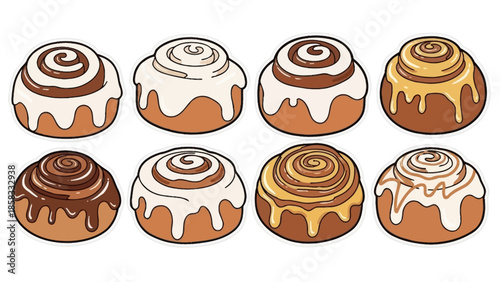 A collection of delicious cinnamon rolls with different sweet toppings, including classic white icing, rich chocolate, and golden caramel.