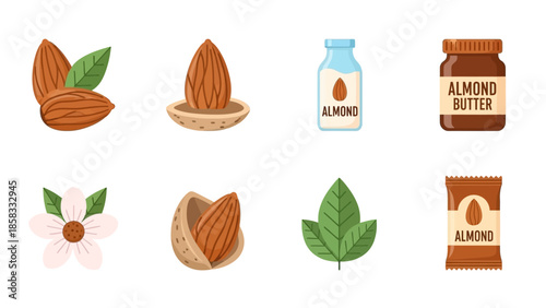 A collection of almond products and plant elements including nuts, milk, butter, flowers, and leaves.
