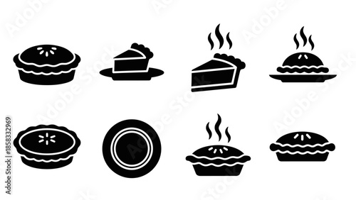 A collection of black and white vector icons representing pies and pie slices, some of which are steaming, suggesting they are freshly baked and warm.