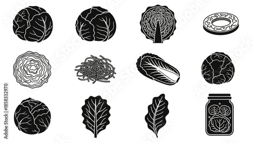 Collection of black and white icons depicting various types of cabbage, lettuce, and kimchi, including whole heads, shredded leaves, and pickled vegetables.