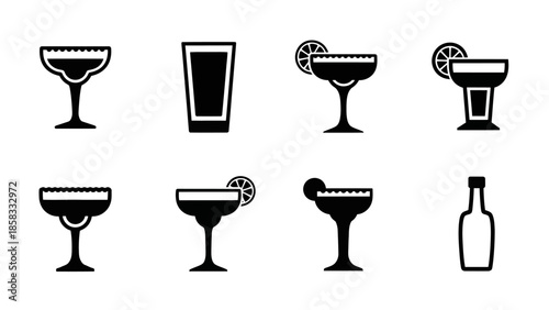 Collection of black and white vector icons featuring various cocktail glasses, a highball glass, and a bottle, some garnished with citrus slices.