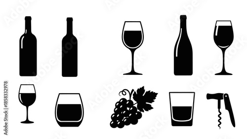 Collection of black silhouette icons depicting various wine bottles, glasses, grapes, and a corkscrew on a white background.