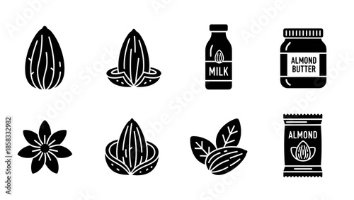 Black silhouette icons depicting various almond forms and products like milk, butter, and snacks, alongside almond flowers and leaves.
