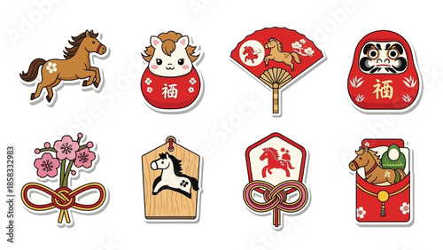 Collection of cute Japanese good luck charms and traditional decorations, many featuring horses, in a cartoon style.